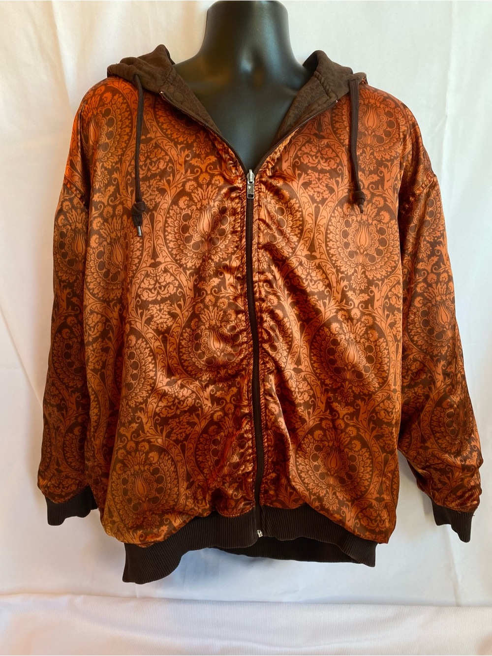 Vintage Mecca Reversible Hoodie Zip Up Jacket XXXL 3XL Brown Orange Damask